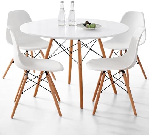 5-Piece Round Dining Table Set, Small 35.5" Kitchen Table Chairs Set of 4 Space Saving Furniture, Plastic Seats, Solid Wood Legs, for Living Room Apartment Office Home, White
