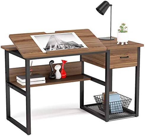 Tribesigns Drafting Table with Storage Drawers, Drawing Computer Desk Artist Craft Table Painting Desk Workstation with Shelves and Tiltable Tabletop for Students, Home Office