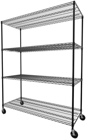 SafeRacks - NSF Certified Storage Shelves, Zinc, Heavy Duty Steel Wire Unit with Wheels and Adjustable Feet, Garage or Bakers Rack, Kitchen, Pantry Shelf - (24"x60"x72" 4-Tier) (Black)