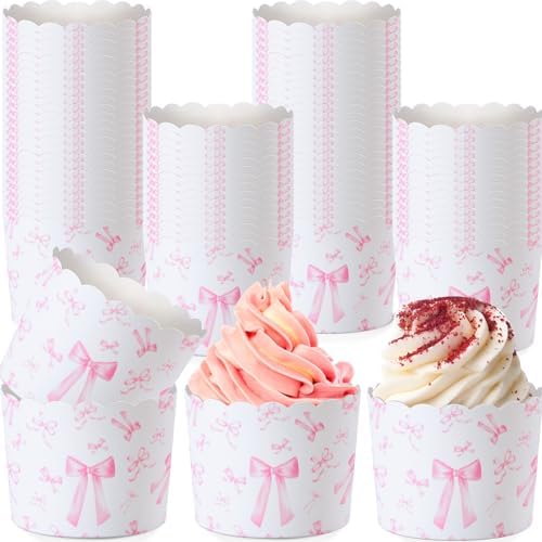 100 Pcs Pink Bow Paper Baking Cups Pastel Pink Coquette Ribbon Bowknot Mini Cupcake Liners Wrappers Decorative Cupcake Muffin Holders for Summer Baby Shower Wedding Birthday Party Supply