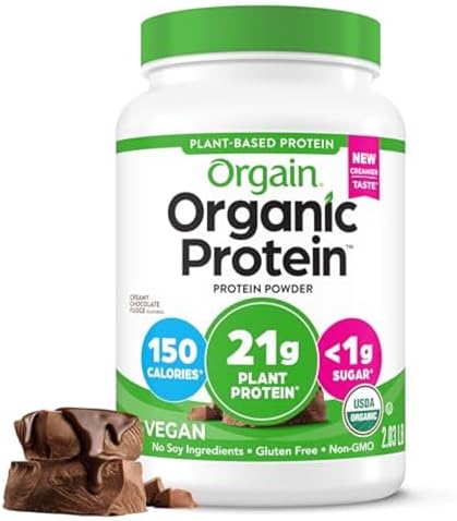 Orgain Organic Vegan Protein Powder, Creamy Chocolate Fudge - 21g Plant Protein, 6g Prebiotic Fiber, Low Net Carb, No Lactose Ingredients, No Added Sugar, Non-GMO, For Shakes & Smoothies, 2.03 lb