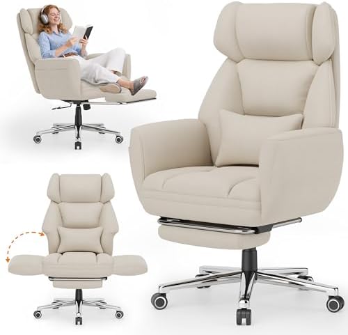 GABRYLLY Office Criss Cross Chair with Footrest, Big and Tall Executive Chair with Wide Seat,Reversible Armrest,Wheels, Lumbar Pillow and 120°Tilt,Computer Desk Chair for Gaming,Meditation,Ivory