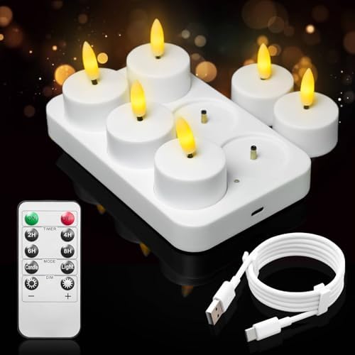 Rechargeable Tea Lights with Remote Timer & Dimmer, USB Flickering Battery Operated Flameless Candles for Aniversary, Wedding Centerpiece Table Decor, Halloween, Christmas (6PCS)