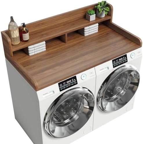 2-Tier Washer Dryer Countertop with 2.75" H Edge Rails, 54" W x 27.55" D Laundry Countertop for Folding Clothes, Washer and Dryer Topper with Non-Slip Pad (Dark Walnut)