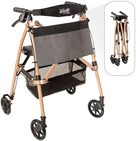 Stander Wonder Rollator Plus, Lightweight Folding Mobility Rolling-Walker, EZ Fold-N-Go-Rollator for Seniors and Adults, 6-inch Wheels, Locking Brakes and Padded Seat with Backrest, Desert Sand