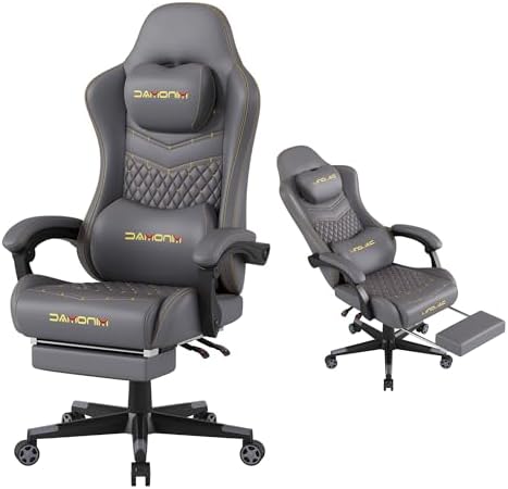Gaming Chair,Ergonomic Computer Gaming Chair,400lb Load-Bearing,Retractable Footrest/Waist Support/Ergonomic Backrest[Spring + 4D Sponge] (Grey)