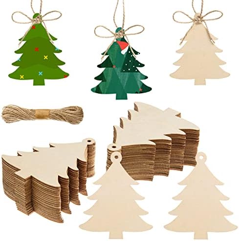 72 Pieces Wooden Christmas Tree Cutouts Crafts Embellishments Unfinished Christmas Tree Hanging Ornaments Blank Xmas Tree Wood Cutouts Slice with Ropes for DIY Crafts Xmas Decoration