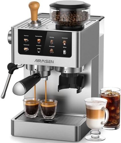 AIRMSEN Espresso Machines with Burr Grinder, 20 Bar, Milk Frother Steam Wand, Stainless Steel Coffee Maker for Home - Cappuccino Latte & Cold Brew Iced Coffee Maker & Americano