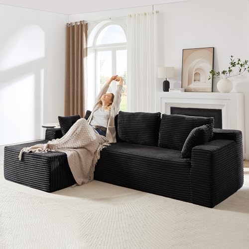 104 Inch Cloud Sectional Couch with L-Shape Chaise,Modern Upholstered Couches with Deep Seat,Corduroy Sponge Compressed Sofa for Living Room,No Assembly Required (Black)