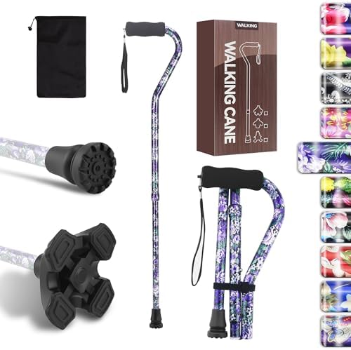 LIXIANG Foldable Offset Walking Cane Floral Printed 5-Level Adjustable Height Portable Self-Standing Walking Stick with 2 Cane Tips Soft Foam Handle for Seniors Women Ladies Adult Leg Injuried People