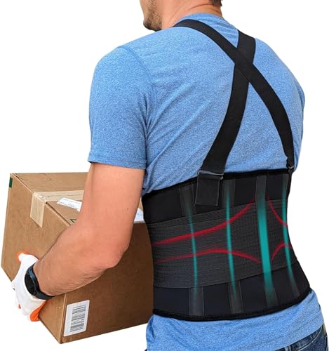 Adjustable Lower Back Support Belt with Suspenders - Heavy Duty Work Brace for Men & Women - Industrial Strength Lumbar Protection for Construction, Warehouse, Moving & Physical Labor Safety, 3XL