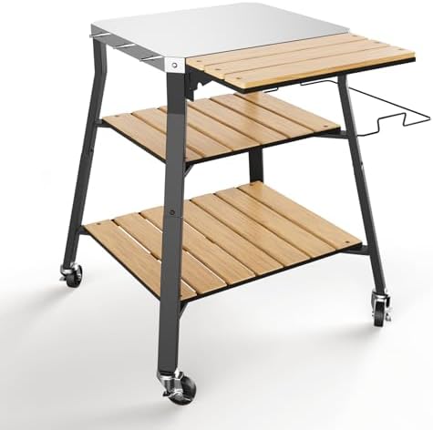 Pizza Oven Stand & Shelf for Solo Stove Pi Pizza Oven, Outrdoor XSKUNStand for Ninja Woodfire, Kitchen Table for Cooking with Stainless Steel Top, WPC Storage Shelves, Lockable 360° Swivel Wheels