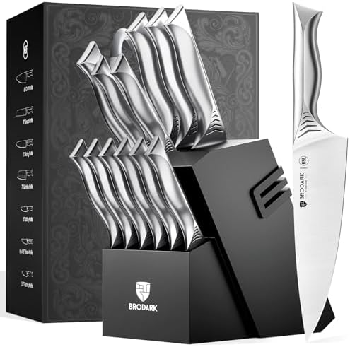 BRODARK Kitchen Knife Set with Block - 15-Piece Knife Block Set with Built-in Sharpener - High Carbon Stainless Steel Kitchen Knives Set for Kitchen - Shark Series