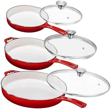 Bruntmor Enameled Cast Iron Skillet Set of 3-8, 10, and 12-Inch Non Stick Frying Pans with Tempered Glass Lids - Versatile Cast Iron Cookware Set for Casserole - Grill Pan for All Stovetops - Red