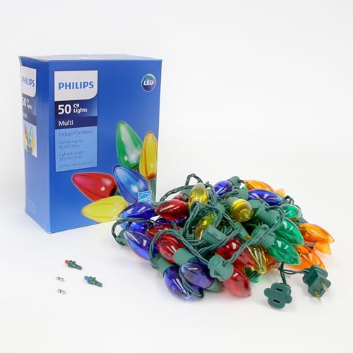 PHILIPS 50 LED Multicolor Smooth C9 Christmas Lights on Green Wire with Storage Spool - UL Listed for Indoor/Outdoor Use - 26.83' Total Length with 6" Bulb Spacing - String Lights for Christmas Tree