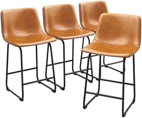 Bar Stools Set of 4, PU Leather Counter Height Bar Stools, 26" Modern Barstools with Metal Legs and Footrest, Urban Armless Dining Chairs with Backrest for Kitchen Island (Brown)