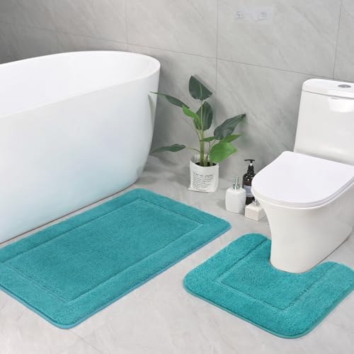 LOCHAS Bathroom Rug Set Teal Blue, Soft Bath Rug Set 2 Piece, Toilet Mat U-Shaped 20x20 and 34x20 Bath Rugs, Quickly Dry Mats for Bathroom, Tub, Washable, Super Absorbent Floor Mat