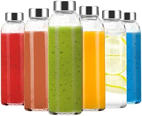 24 oz Clear Glass Bottles with Lids, Reusable Glass Water Bottles with Stainless Steel Cap for Juicing, Refrigerator,100% Leak Proof, BPA Free, Juice Water Bottle Set of 6