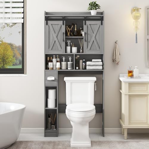Farmhouse Over The Toilet Storage Cabinet with Sliding Door & Toilet Paper Holder Stand, Space-Saving for Bathroom & Restroom, Wash Grey