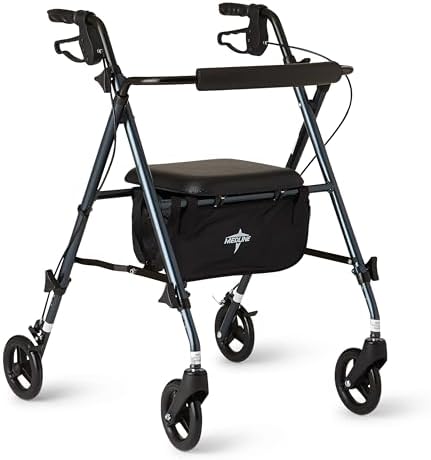 Medline Superlight Folding Aluminum Mobility Rollator Walker, Smoky Blue, 250 lb. Weight Capacity, 6" Wheels, Adjustable Arms and Seat, Foldable Rolling Walker for Seniors