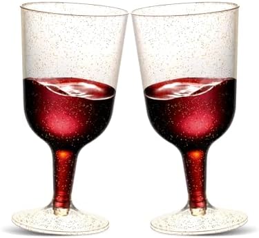 30 Pack 6oz Plastic Wine Glasses – Disposable Gold Glitter Mini Stemware with Removable Base for Weddings, Parties, Champagne, Toasting