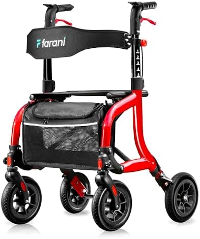 Farani All Terrain Rollator Walkers for Seniors, Lightweight Foldable Rolling Walker with Seat, Sturdy Integrated Molding Frame, Height-Adjustable Handles & Backbrest, 8" Rubber Wheels,Red