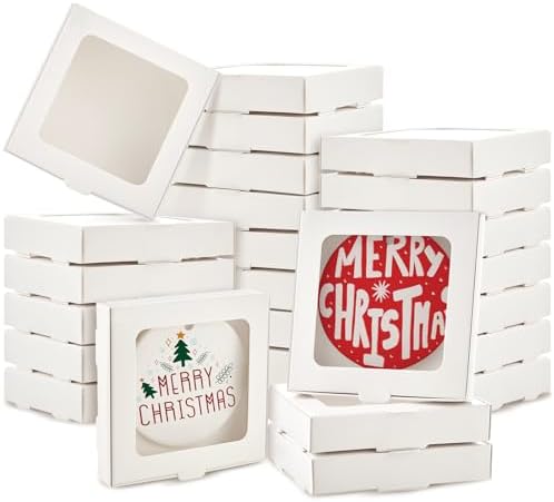 25 Pcs Sublimation Ornament Blanks Box 3.6"x3.6"x0.7" Christmas Ornaments Holder Ceramic Discs Packaging Box with Window for Personalized Xmas Tree Blanks Bulk (White)