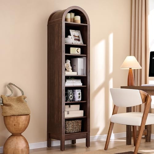 71" Tall Arched Bookshelf, 8 Tiers Arch Bookcase with Storage, Modern Farmhouse Book Shelf with Adjustable Shelves, Wood Bookshelf w/Open Display Shelves for Living Room, Office (Brown)