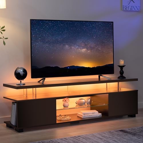Black TV Stand,Glass TV Stands for Living Room,TV Stand for 75+ inch TV,Long TV Cabinet for Living Room,Bedroom,Home Office