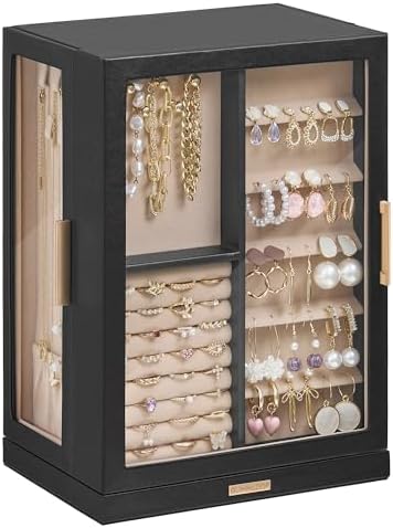 360° Rotating Jewelry Box with 7 Drawers, Spacious Vertical Jewelry Organizer with Glass Window, Jewelry Storage Case, Dustproof & Moisture-resistant Design, Black