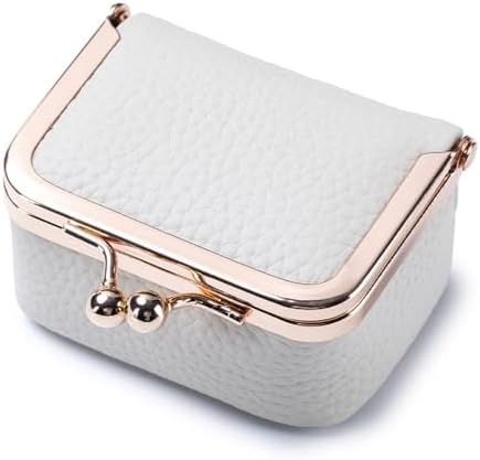 Genuine Leather Mini Jewelry Box - Vintage-Inspired Travel Jewelry Organizer with Kiss Lock, Compact Ring Box for Women, Perfect for Earrings, Rings, Necklaces, Bracelets (B White)