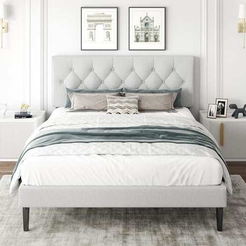 Queen Size Platform Bed Frame with Upholstered Headboard, Button Tufted Design, Strong Wooden Slats, No Box Spring Needed, Easy Assembly, Noise Free
