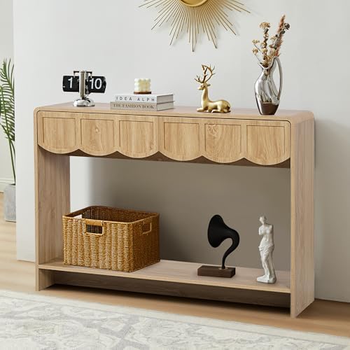 Console Table with Drawers, Mid-Century 43 Inches Narrow Entryway Table with Open Storage Shelves, Hallway Accent Tables Behind Couch Tables for Living Room - Natural
