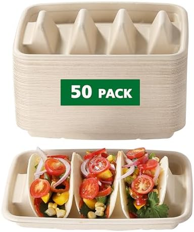 50 PCS Disposable Taco Holders for Party, HIA Premium Paper Plates With Dividers, Tray Stand for 3 Tacos, Bar Serving Set for Tuesday