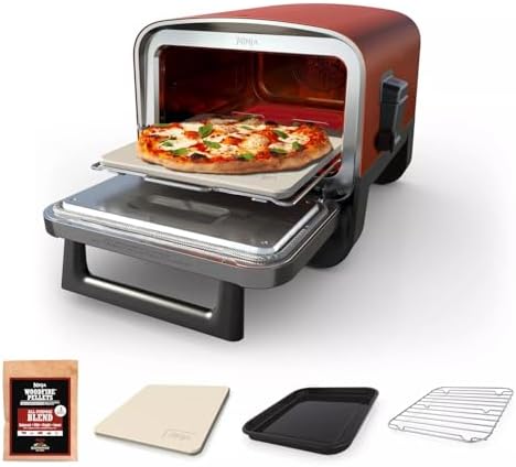 Ninja Woodfire Outdoor Pizza Oven, 8-in-1 Portable Electric Roaster Oven, Heats up to 700°F, 5 Artisan Pizza Settings, Integrated BBQ Smoker Box, Includes Flavored Wood Pellets, Red (Renewed)