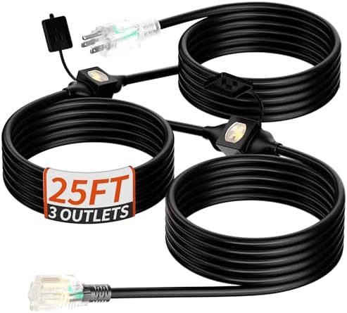 25 FT Outdoor Extension Cord with Multiple Outlets, 16/3 Gauge Heavy Duty Christmas Light Extension Cord Evenly Spaced 3 Outlets Black with Lighted, 16AWG 13AMP 1625W 125V SJTW, ETL Listed