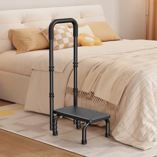 Step Stool with Handle for Ederly and Non-Skid Platform, Height Adjustable Heavy Duty Steps Foot Stool for Adult, Seniors, Foot Stool for Bedside, Kitchen,Bathtub Car,Safely Load 440 lbs. (Black)