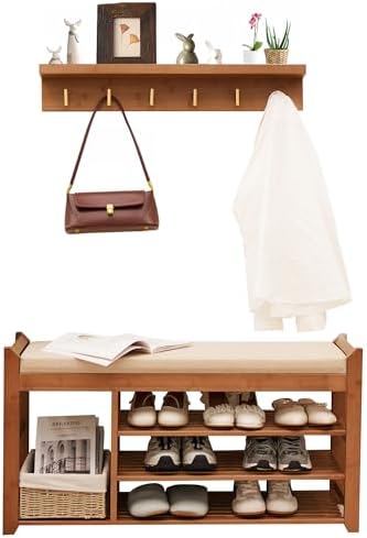 Hall Tree with Bench and Shoe Storage, Coat Rack Shoe Bench Set with Seat Cushion and 6 Hooks for Entryway, Hallway, Living Room and Bedroom