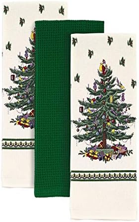 Spode - 3pc Towel Set, Soft & Absorbent Cotton Kitchen Towels, Holiday Home Decor Christmas Tree Collection