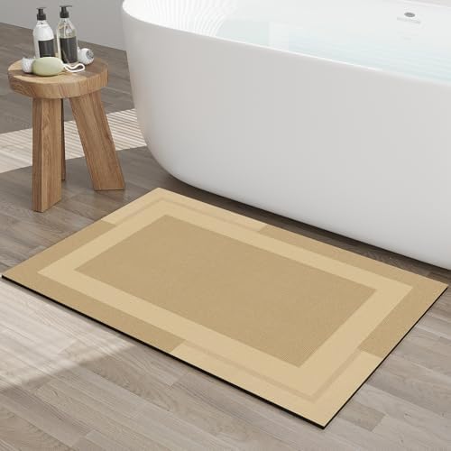 Non Slip Bath Mats for Bathroom, Quick Dry Super Absorbent Diatomaceous Earth Rubber Backing Bathroom Rugs, Ultra Thin Bath Mat Fit Under Door Bath Floor Bathtub Shower Room, Brown 20"x 32"