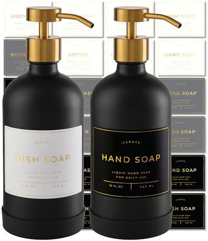 16oz Glass Soap Dispenser with Stainless Steel Pump, 21 Waterproof Labels, Non-Slip Protective Silicone Pad, Set of 2 for Bathroom & Kitchen (Matte Black Bottle/Brushed Gold Pump)