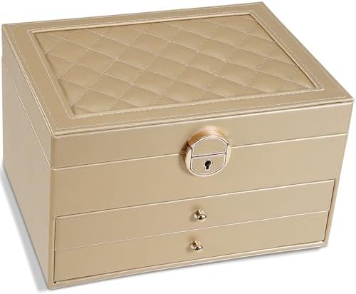 GUOER Jewelry Box for Women Girl Wife 3 Layers Large PU Leather Jewelry Organizer Storage Case with Two drawers Display for Earrings Bracelets Rings Watches (Champagne)