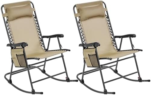 Yaheetech 26in Rocking Chair Outdoor Zero Gravity Folding Chairs Rocking Chairs Foldable Outdoor Lounge Chair for Outside Lawn with Cupholder/Pillow Ergonomic Design for Rest, Set of 2