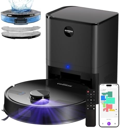 MONSGA Robot Vacuum and Mop Combo, 5000Pa Robotic Vacuum with 3.5L Self Emptying Station, Lidar Navigation Robot Vacuum Cleaner, 180mins Runtime, APP/Remote/Voice Control, for Hard Floors and Carpets