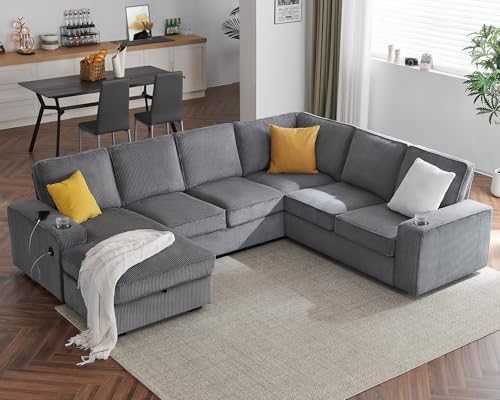 PaPaJet Oversized Sofa, 112 inch U Shaped Sofa with USB Ports, Sectional Couch with Storage Chaise, Corduroy Grey
