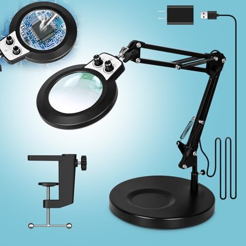 12X Magnifying Glass with Light and Stand, 2-in-1 Large Base & Clamp LED Magnifying Lamp, Any Color Modes Stepless Dimmable Hands Free Lighted Magnifier for Craft Reading Jewelry Close Work