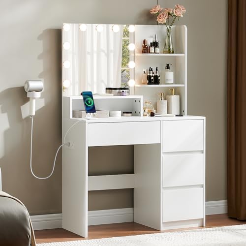 White Vanity Desk with mirror and lights, Makeup Vanity Table with Power Outlet, USB Ports, 4 Drawers & 3 Shelves, Girls Make Up Dressing Table with 3 Lighting Color for Bedroom Small Space