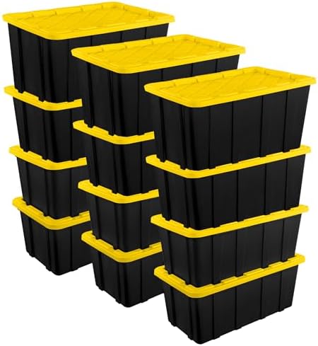 Sterilite 12-Pack Industrial Tote, Plastic Storage Container Bins with Lids, 38 Gallon - Heavy-Duty Organizing Containers for Closet, Bathroom, and Office