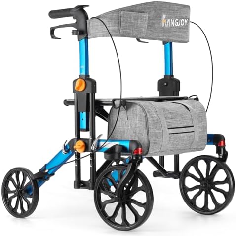All-Terrain Rollator Walker for Seniors with Seat and Backrest Cane Holder 10" Front Wheels 8" Rear Wheels, Height Adjustment Foldable Rolling Walker 300 lbs Brakes Large Capacity (Blue)