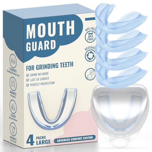 4 Pack Blue Mouth Guards for Women and Men, Large Size, Moldable Night Guards for Teeth Grinding and Clenching, Comfortable Bite Guards, Stylish Custom Dental Guards for Protection
